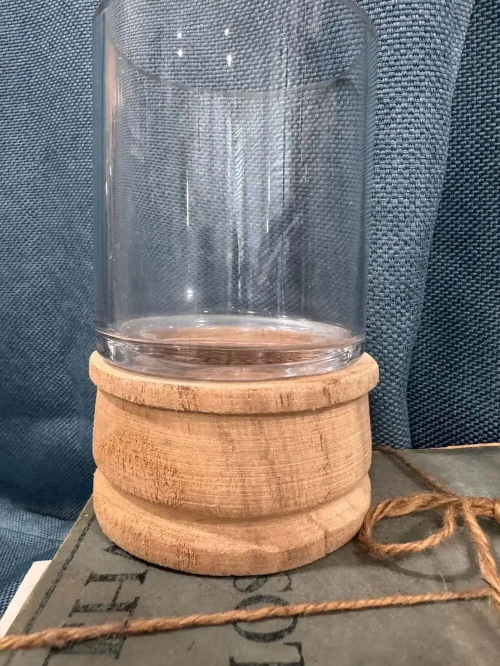 Clear Glass Hurricane Candle Holder with Natural Wood Base